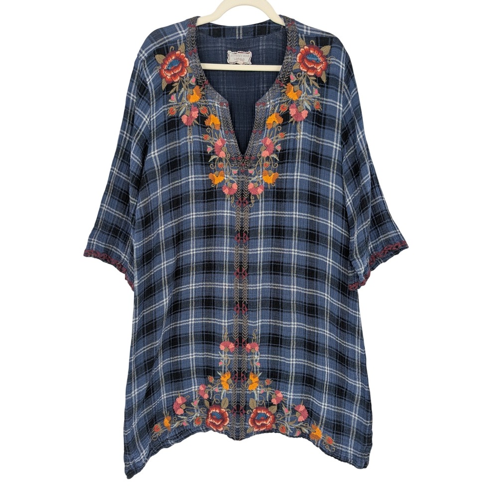 Johnny Was Workshop Tunic  XL Blue Plaid Floral Embroidered Boho Artsy Cottage